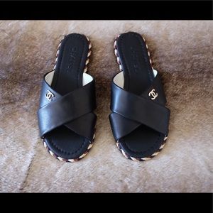 Auth Chanel Lambskin Black CrissCross Spa Mules 39